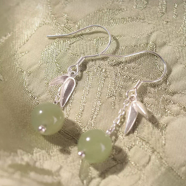 Buddha Stones 999 Sterling Silver Hetian Jade Bead Bamboo Leaf Luck Drop Dangle Earrings