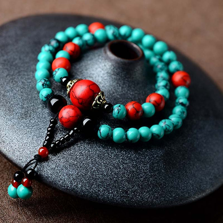 Buddha Stones Turquoise Black Onyx Red Turquoise Bead Protection Bracelet