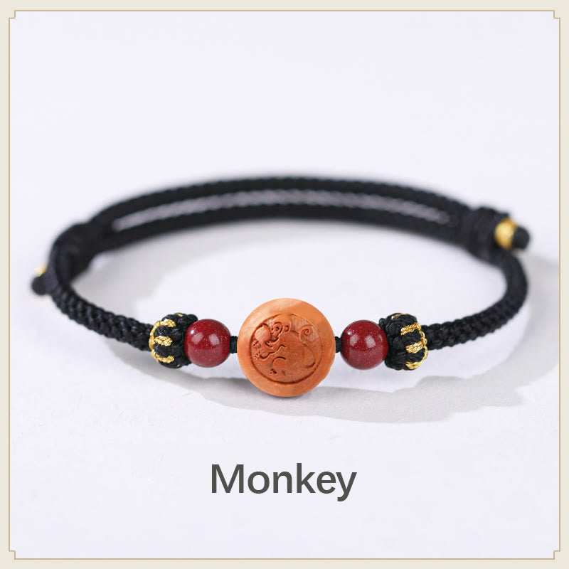 Buddha Stones Natural Peach Wood Chinese Zodiac Fu Character Carved Cinnabar Wealth Bracelet