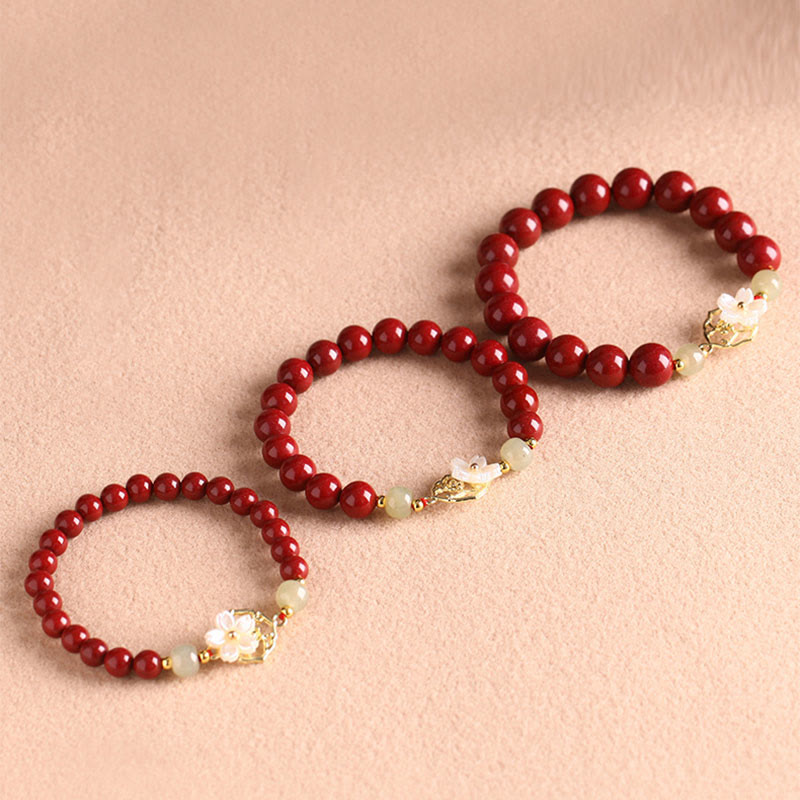 Buddha Stones Natural Cinnabar Jade Beaded Tridacna Stone Flower Blessing Bracelet