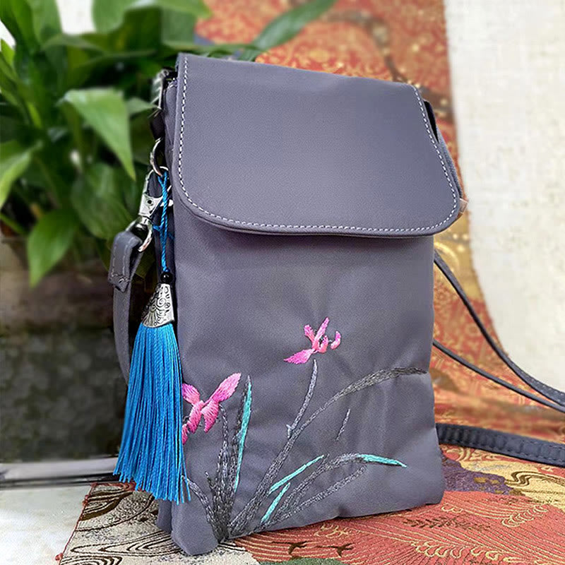 Waterproof Handmade Embroidered Lotus Flowers Crossbody Bag Shoulder Bag Cellphone Bag