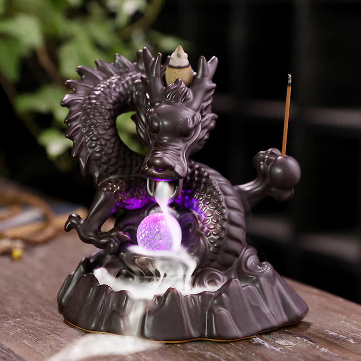 Auspicious Dragon Ceramic Backflow Smoke Fountain Meditation Healing Incense Burner Led Ball Decoration