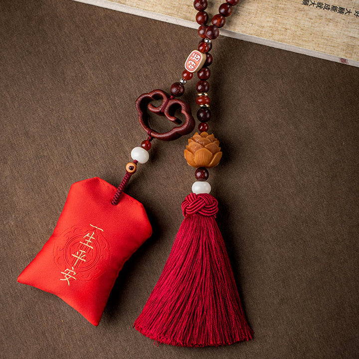 Buddha Stones Tibetan Small Leaf Red Sandalwood Lotus Cinnabar Sachet Protection Tassel Car Hanging Decoration