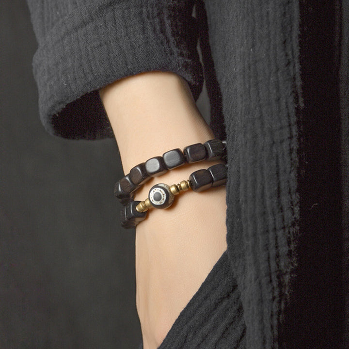 Ebony Wood Dzi Bead Copper Peace Couple Bracelet