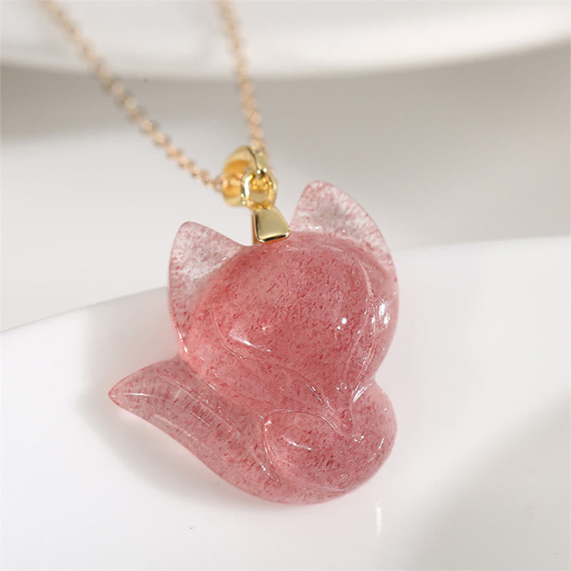 Buddha Stones 14k Gold Plated 925 Sterling Silver Strawberry Quartz Fox Healing Necklace Pendant