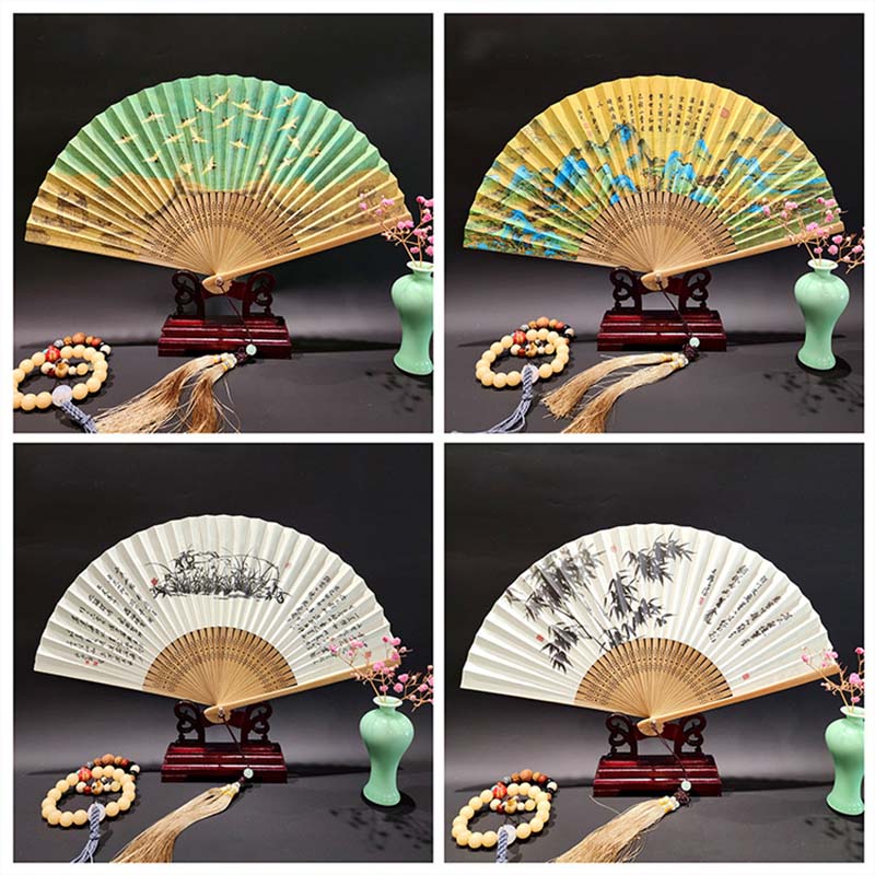 Buddha Stones A Panorama Of Rivers And Mountains Cranes Orchid Flower Paper Bamboo Handheld Silk Bamboo Folding Fan 22cm