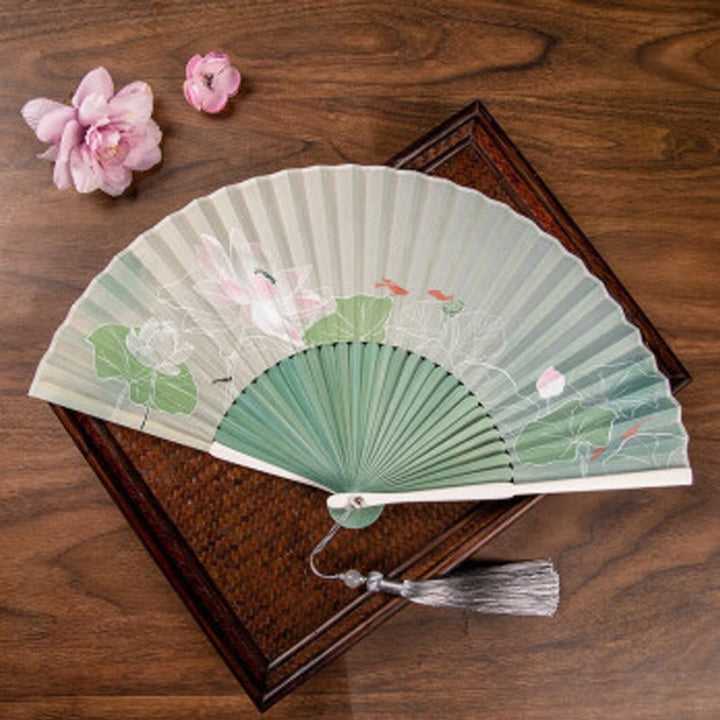 Buddha Stones Jasmine Lotus Begonia Flowers Handheld Bamboo Folding Fan