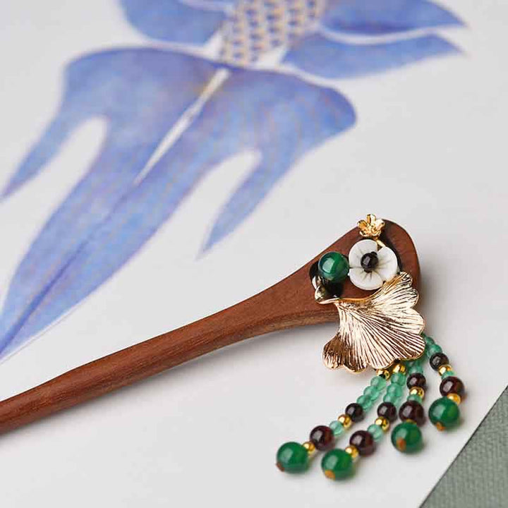 Red Sandalwood Green Agate Ginkgo Leaf Protection Hairpin