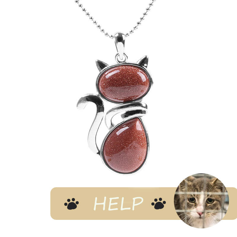 "Save A Cat" Cute Cat Pattern Natural Crystal Protection Cat-Loving Pendant Necklace