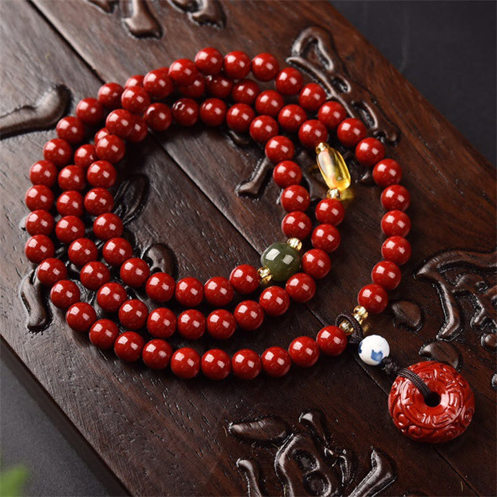 Tibetan Cinnabar Peace Buckle Triple Wrap Blessing Bracelet Mala