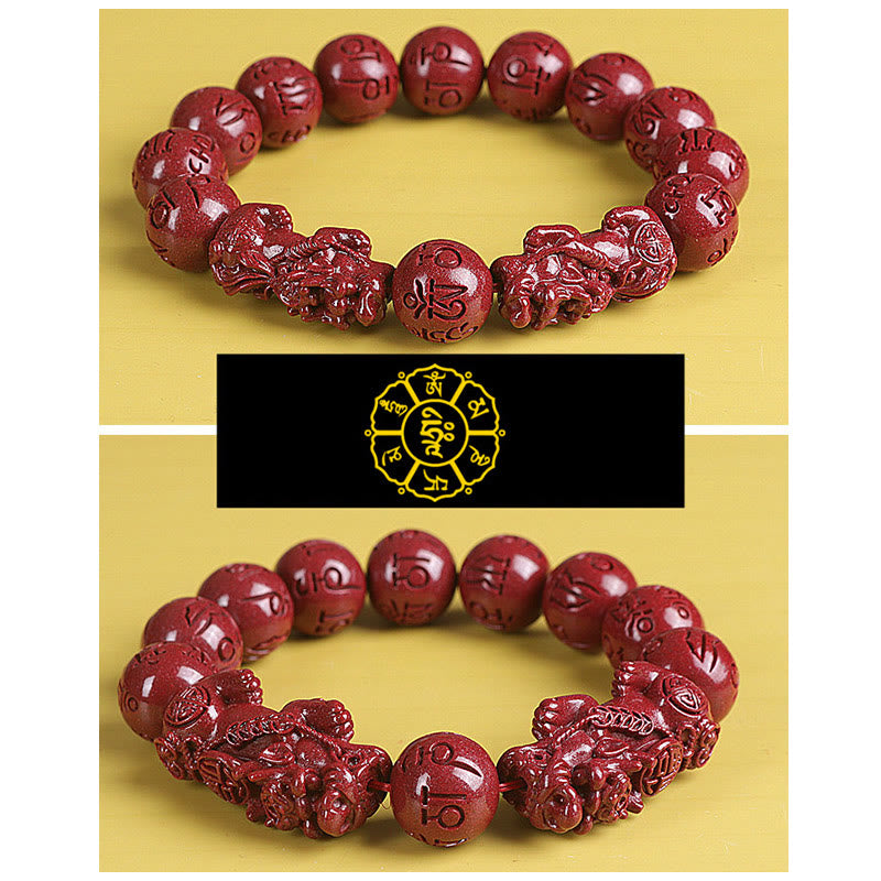 Natural Double PiXiu Cinnabar Om Mani Padme Hum Wealth Luck Bead Bracelet