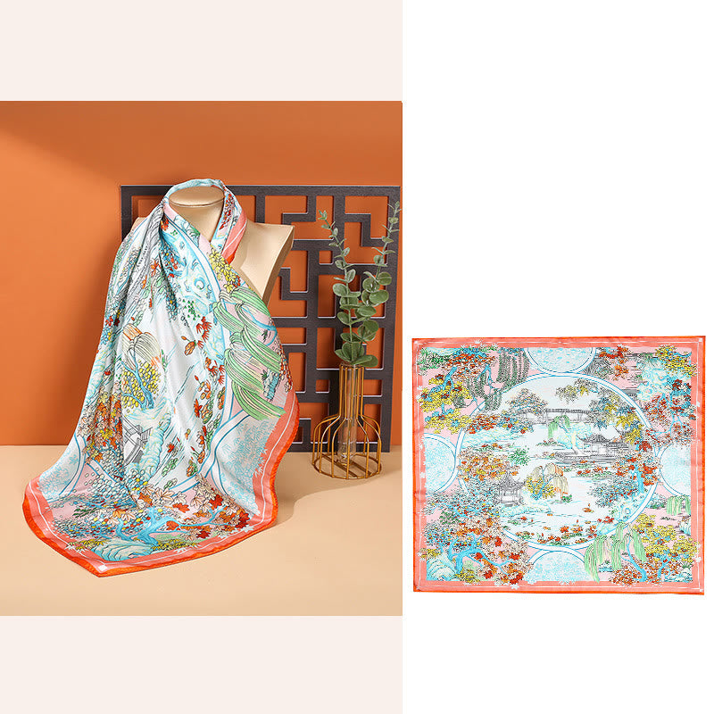 Buddha Stones Pastoral Scene Hot Air Balloon Spring Blossom 100% Mulberry Silk Neck Hair Scarf