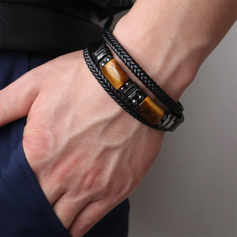 Buddha Stones Tiger Eye Power Magnetic Buckle Multilayered Leather Bracelet