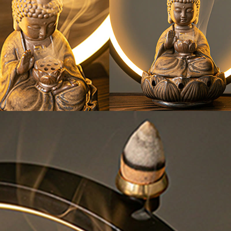 Buddha Stones Buddha Lotus Backflow Smoke Fountain Ceramic Blessing Incense Burner With Light Decoration