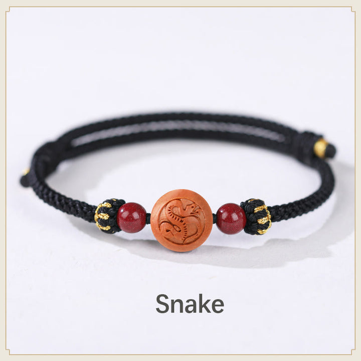 Buddha Stones Natural Peach Wood Chinese Zodiac Fu Character Carved Cinnabar Wealth Bracelet