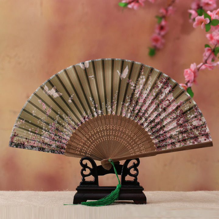 Buddha Stones Cherry Blossom Lily Butterfly Bamboo Handheld Bamboo Folding Fan 21cm