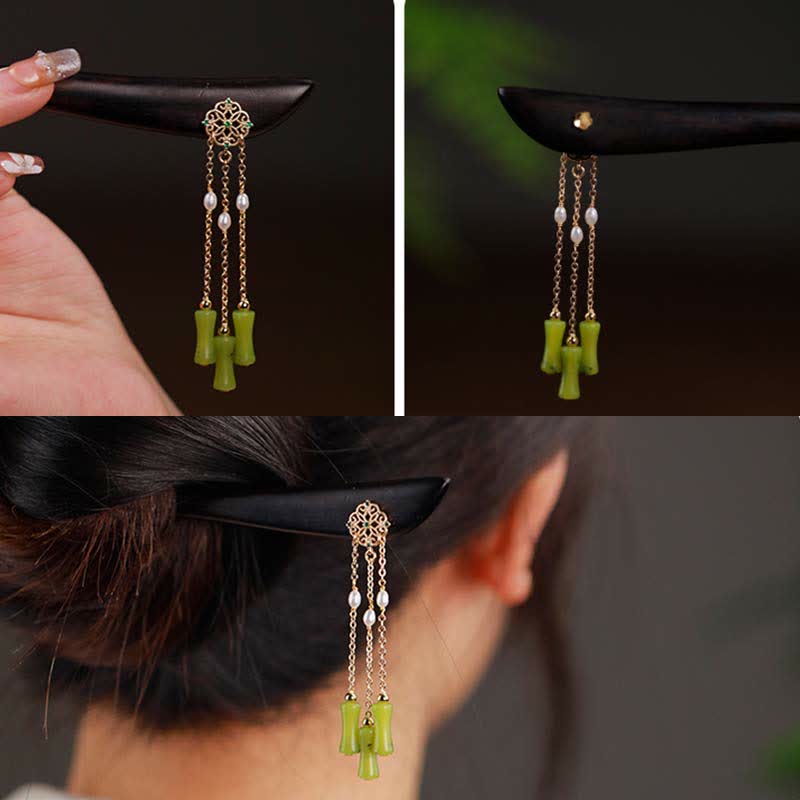 Buddha Stones Natural Peridot Ebony Wood Love Tassels Hairpin