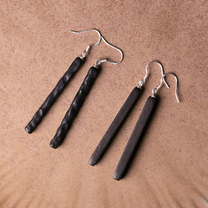 Buddha Stones 925 Sterling Silver Ebony Wood Texture Balance Peace Drop Dangle Earrings