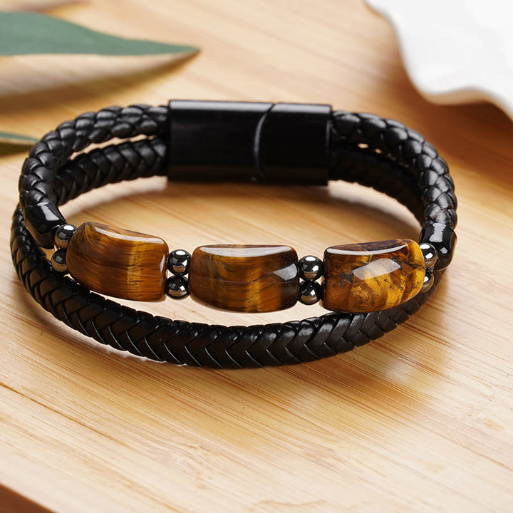 Buddha Stones Natural Tiger Eye Protection Willpower Magnetic Buckle Leather Bracelet