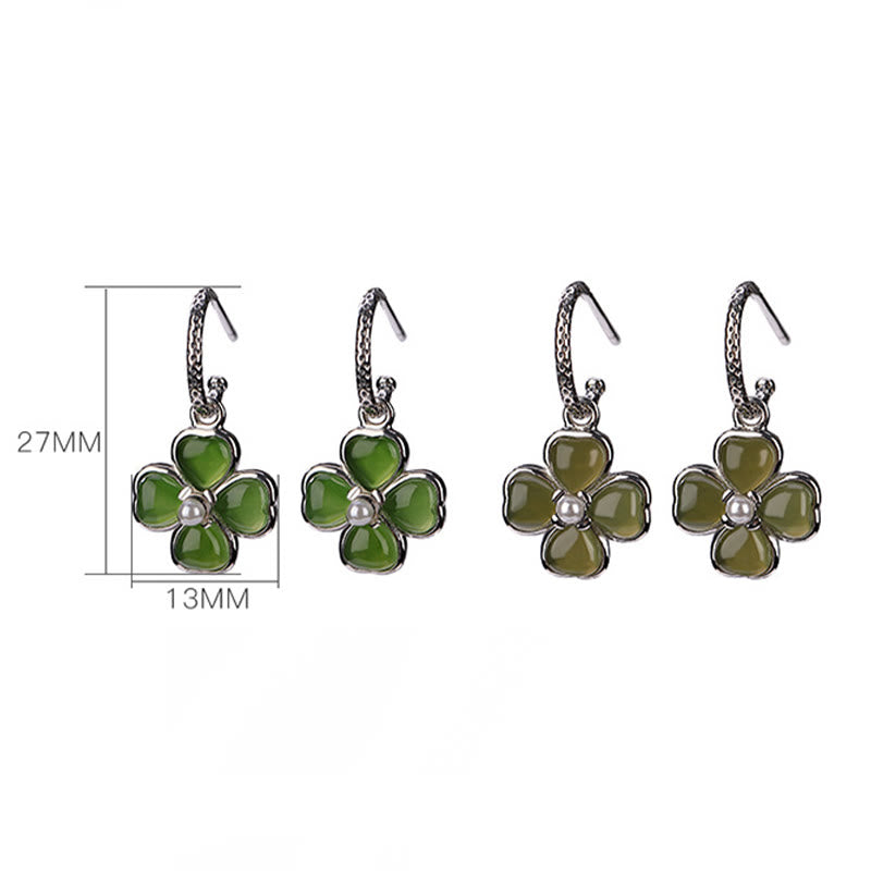 Buddha Stones 925 Sterling Silver Natural Cyan Jade Four Leaf Clover Luck Success Earrings