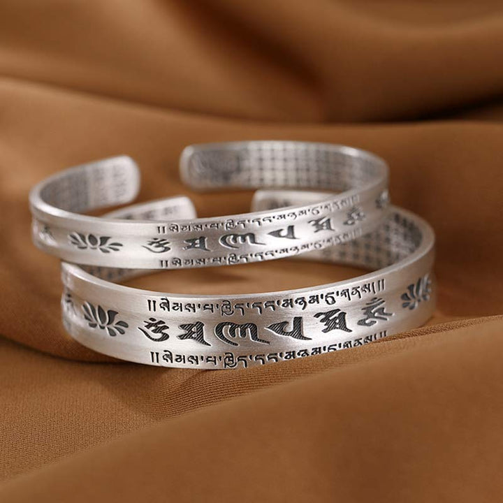 Buddha Stones 999 Sterling Silver Om Mani Padme Hum Lotus Wisdom Bracelet Bangle