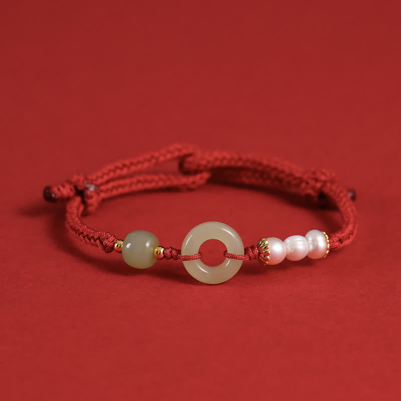 Buddha Stones Natural Hetian Jade Pearl Peace Buckle Luck Bracelet