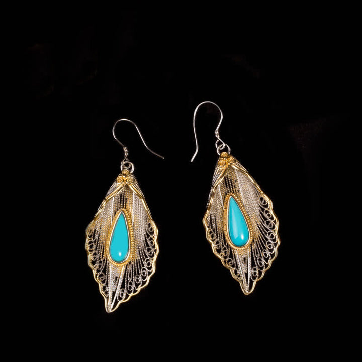 925 Sterling Silver Turquoise Bodhi Leaf Pattern Protection Drop Dangle Earrings