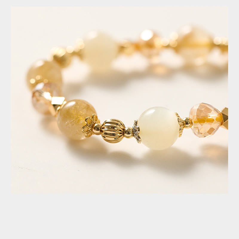 Buddha Stones 14K Gold Plated Golden Rutilated Quartz Wealth Bell Lucky Fortune Charm Bracelet