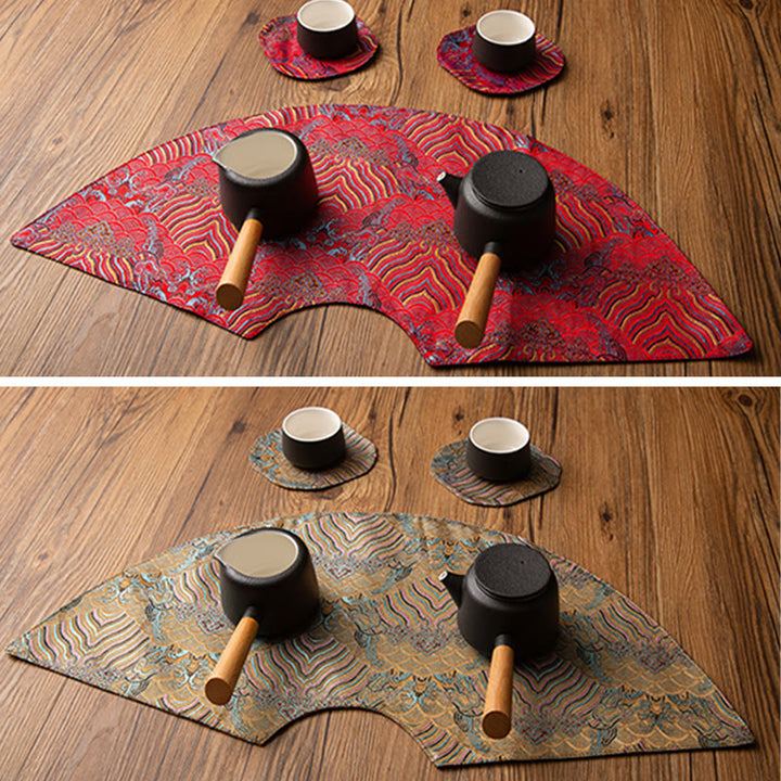 Buddha Stones Vintage Sea Wave Bamboo Plum Blossom Embroidered Cup Mat Pad Tea Cup Coaster Kung Fu Tea Mat