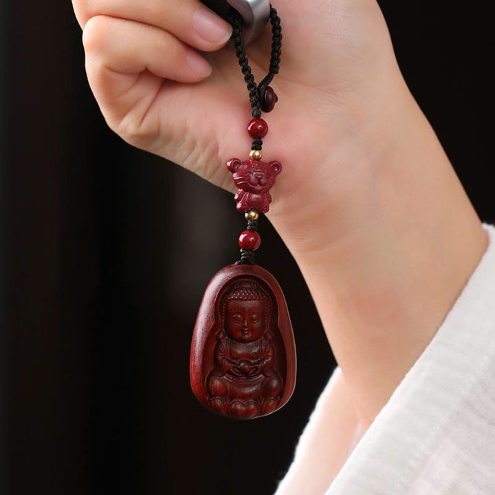 Buddha Stones Small Leaf Red Sandalwood Buddha Cinnabar Chinese Zodiac Amulet Protection Key Chain