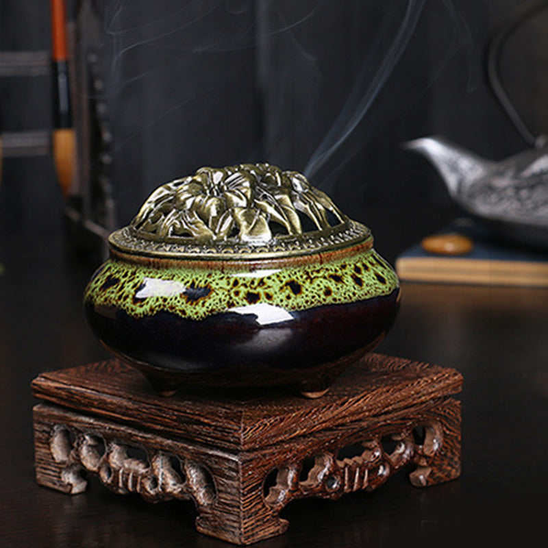 Flower Pattern Ceramic Blessing Meditation Incense Burner Decoration