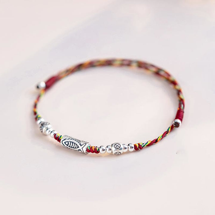 Buddha Stones 925 Sterling Silver Luck Koi Fish Braided Colorful String Bracelet Anklet