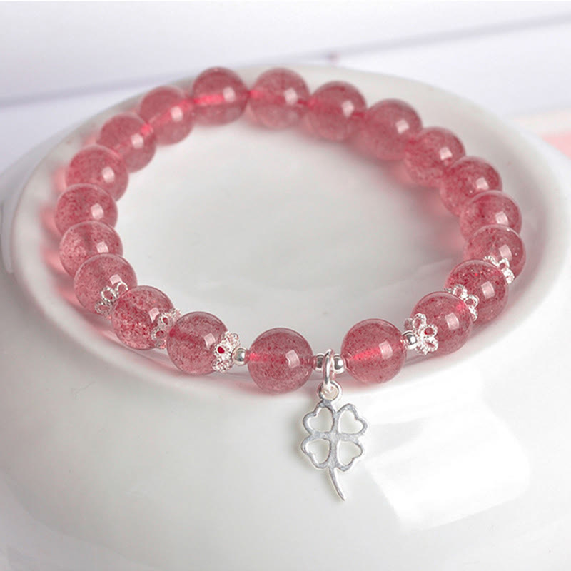 Buddha Stones 925 Sterling Silver Strawberry Quartz Four Leaf Clover Love Bracelet