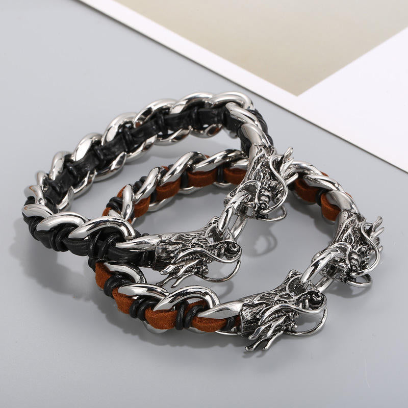 Dragon Leather Titanium Steel Protection Luck Braided Bracelet