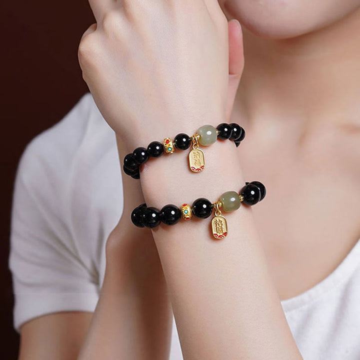 Buddha Stones Black Onyx Hetian Jade Bead Lucky Fortune Charm Bracelet