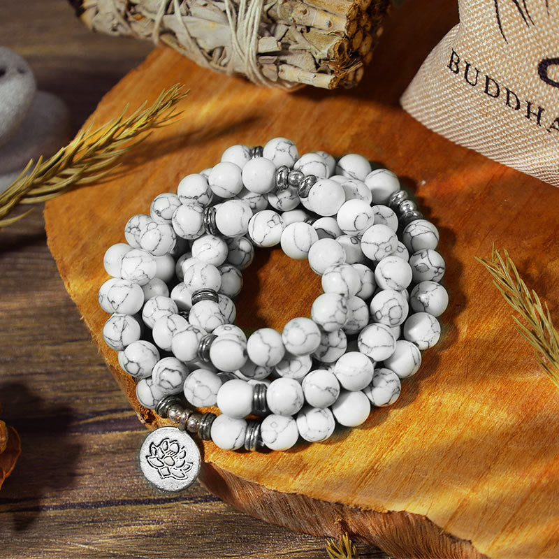 Buddha Stones White Turquoise Lotus Mala Healing Bracelet