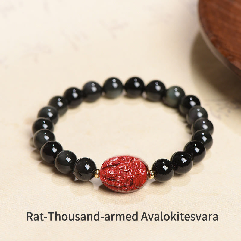 Buddha Stones Chinese Zodiac Natal Buddha Natural Black Obsidian Cinnabar Purification Bracelet