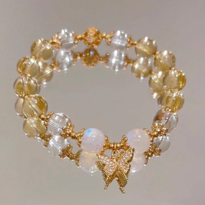 Buddha Stones Citrine Moonstone Butterfly Charm Prosperity Protection Bracelet