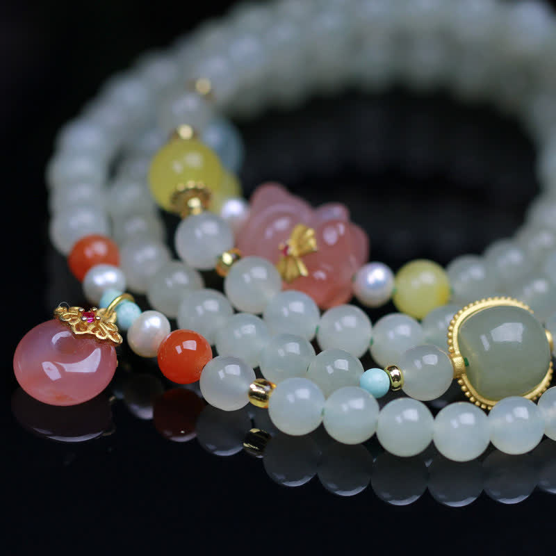 Natural Hetian Jade Pink Crystal Peace Buckle Happiness Abundance Bracelet