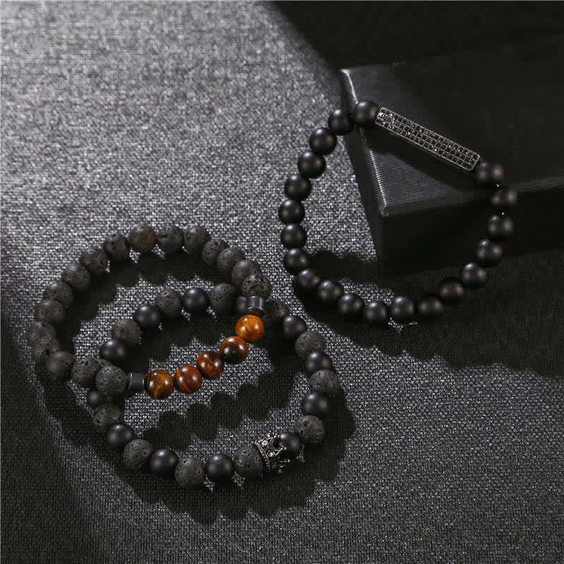 Buddha Stones 3Pcs Frosted Stone Lava Rock Tiger Eye Activate Bracelet