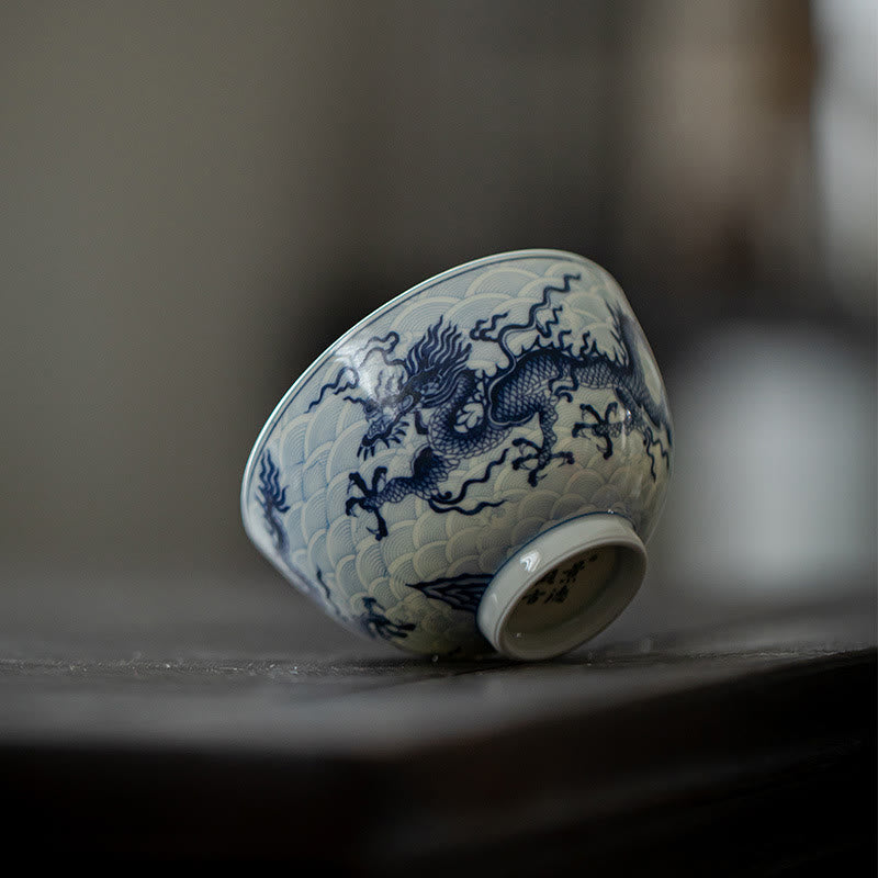 Buddha Stones Blue Dragon Design Ceramic Teacup Kung Fu Tea Cups