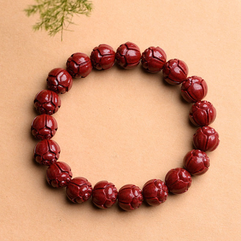 Buddha Stones Natural Cinnabar Om Mani Padme Hum Fret Pattern Lotus Blessing Bracelet