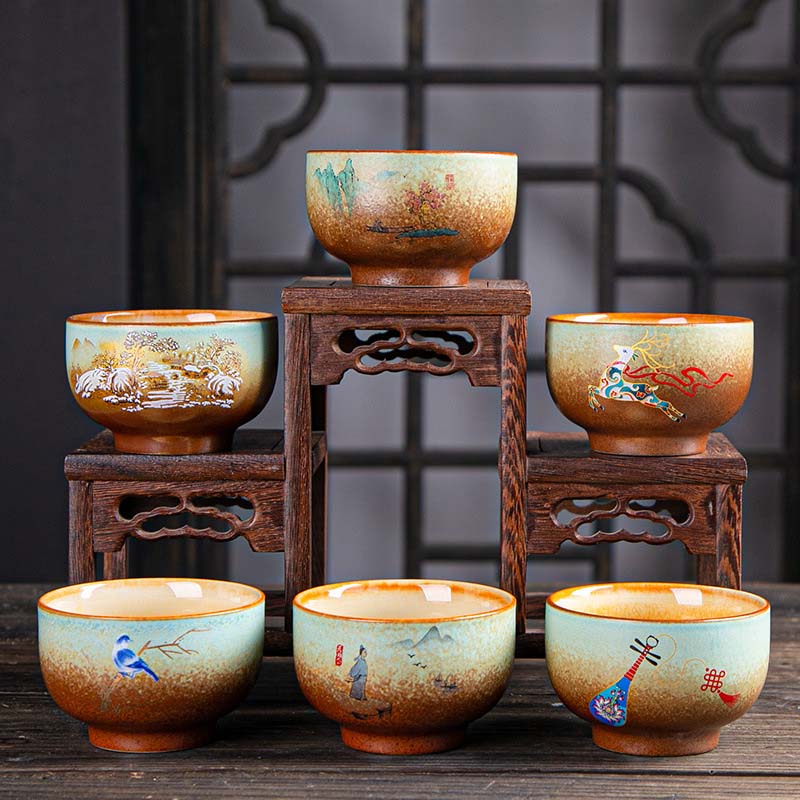 Buddha Stones Colorful Deer Pipa Snow Plum Blossoms Mountains Rivers Bird Ceramic Teacup Kung Fu Tea Cup Bowl