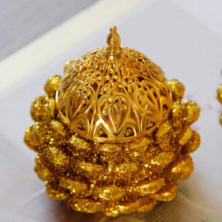 Gold Pine Cone Pattern Spiritual Rituals Mini Incense Burner Home Tabletop Decor