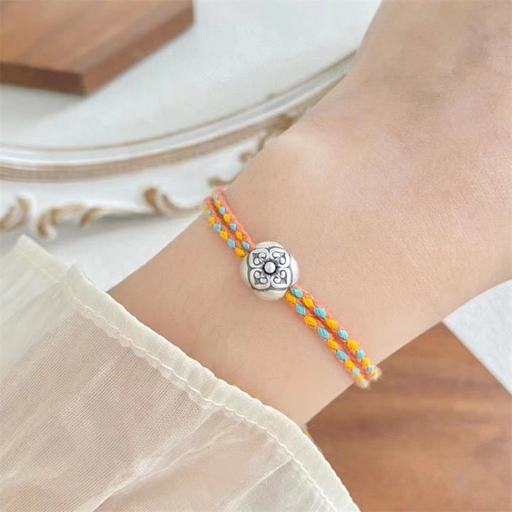 Buddha Stones 999 Sterling Silver Persimmon Luck Multicolored Braided Bracelet