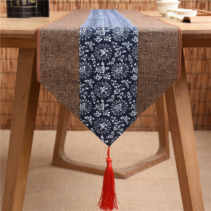 Buddha Stones Classic Chinese Style Lotus Koi Fish Flower Crane Calligraphy Enlightenment Cotton Linen Tassels Table Runner