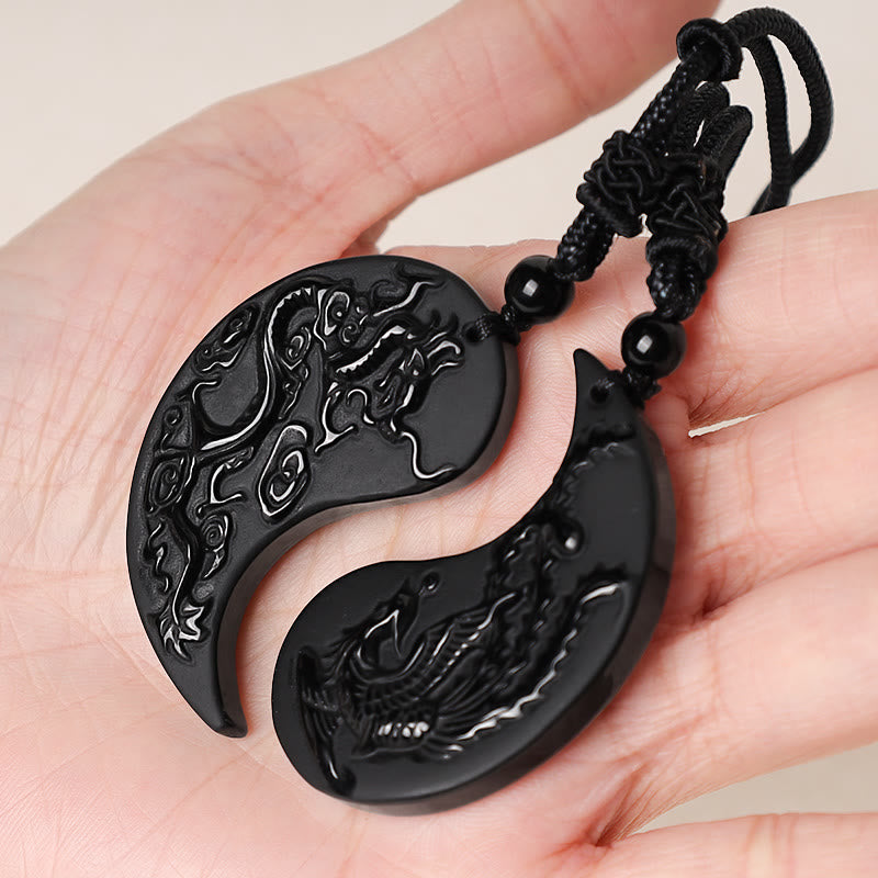 Buddha Stones Black Obsidian Yin Yang Dragon Phoenix Luck Necklace Pendant