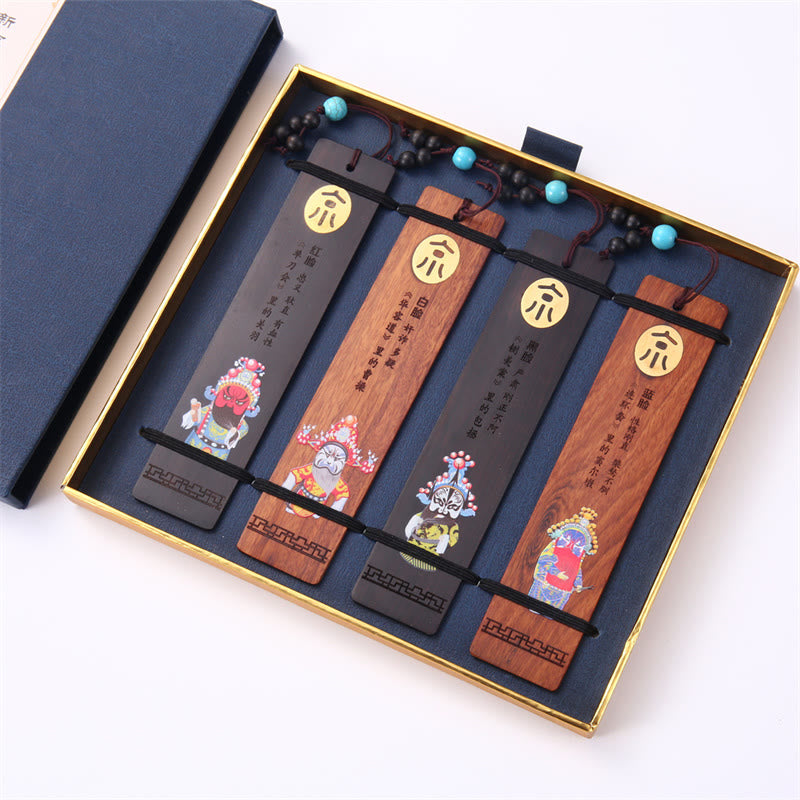 Buddha Stones 4Pcs Four Seasons Plum Orchid Bamboo Chrysanthemum Peking Opera Mask Wood Bookmarks With Gift Box