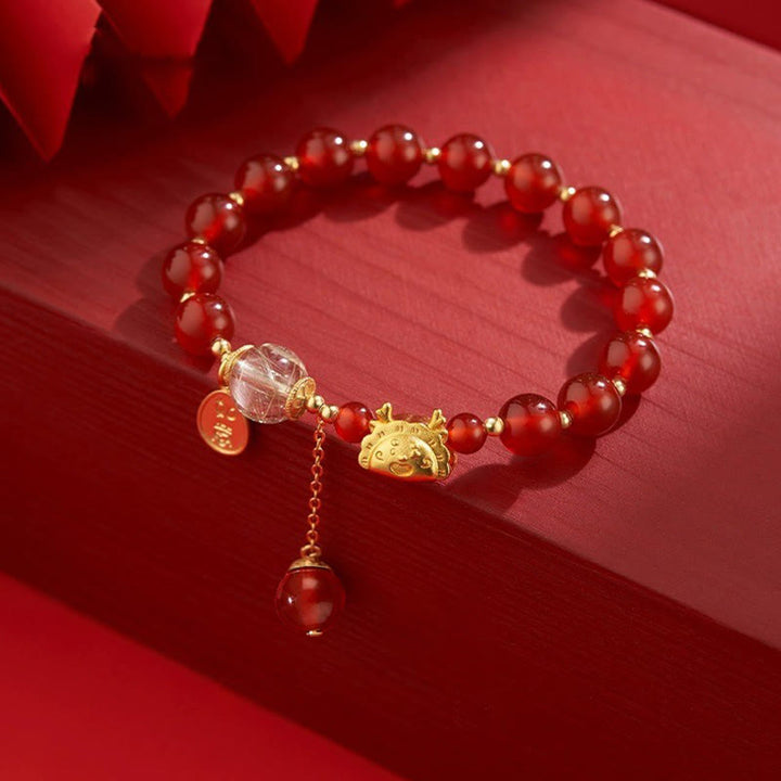 Buddha Stones Year of the Dragon Dumpling Natural Red Agate Garnet Hetian Jade Fu Character Luck Success Bracelet