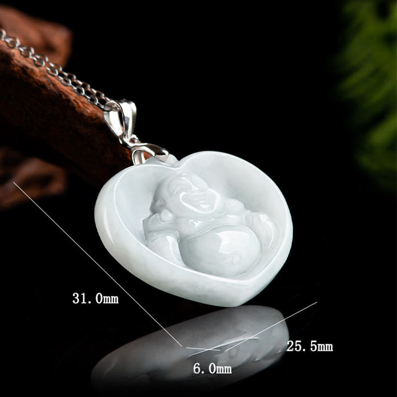 Buddha Stones 925 Sterling Silver Laughing Buddha White Jade Luck Blessing Necklace Pendant